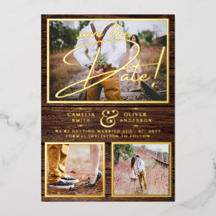 Rustic GOLD FOIL Photo Collage Wood Save the Date 