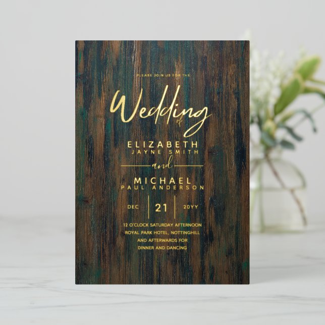 Rustic GOLD FOIL Text Wood Look Wedding Elegant Fo (Standing Front)