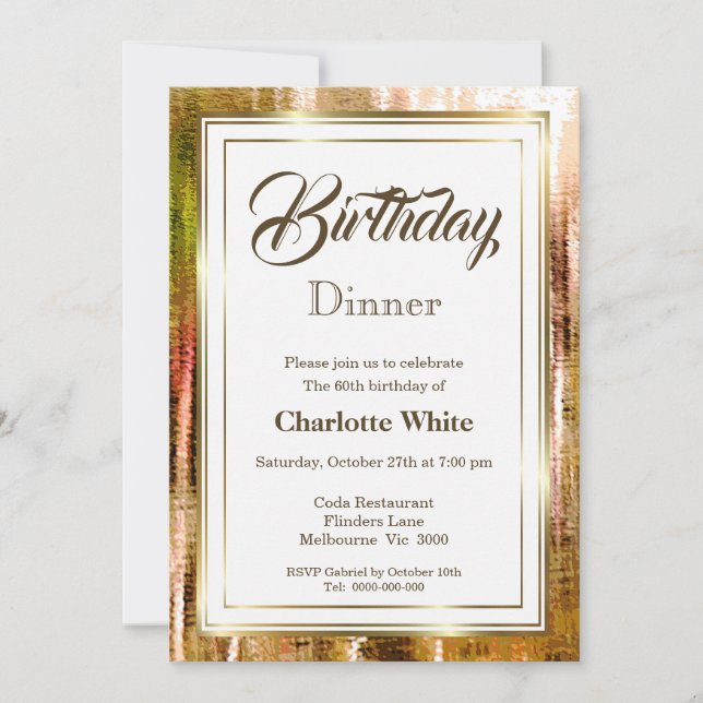 Rustic Gold Frame 60th Birthday Dinner Invitation (Front)