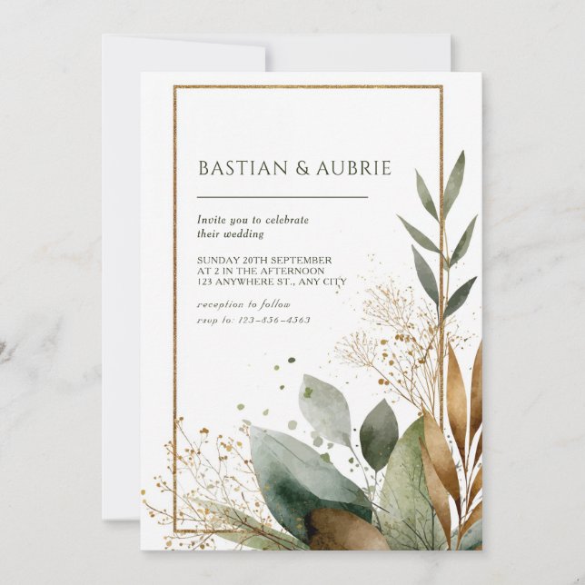 Rustic Gold Frame Greenery Watercolor Wedding Invitation (Front)
