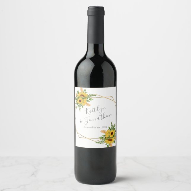Rustic Gold Geometric Floral Sunflower Wine Label (Front)