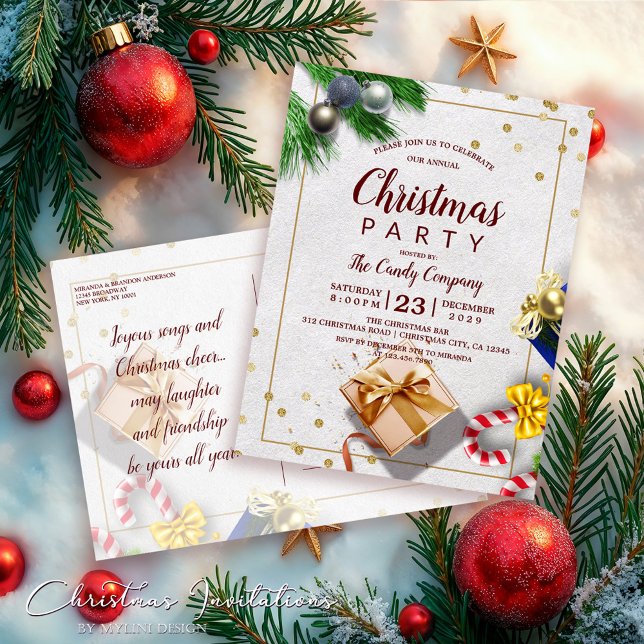 Rustic Gold Gift & Candy Christmas Party Ivitation Invitation Postcard (Creator Uploaded)