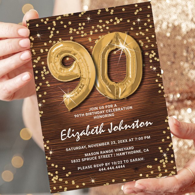 Rustic Gold Glitter 90th Birthday Invitation (Creator Uploaded)