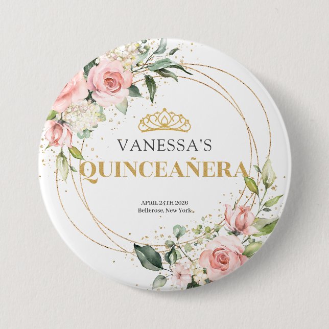 Rustic gold glitter blush roses green 15th b-day 7.5 cm round badge (Front)