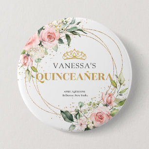 Rustic gold glitter blush roses green 15th b-day 7.5 cm round badge