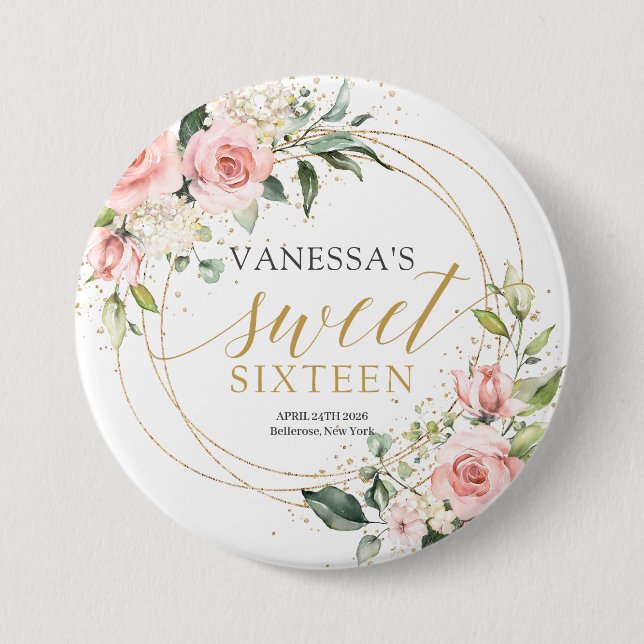 Rustic gold glitter blush roses green 16th b-day 7.5 cm round badge (Front)
