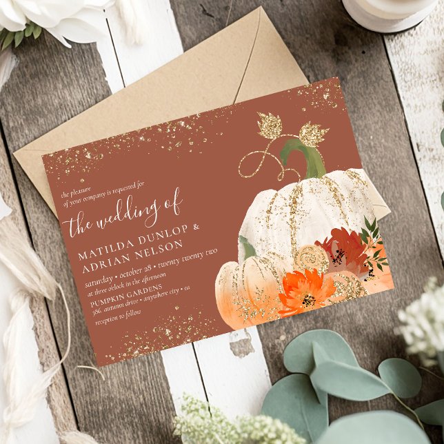 Rustic Gold Glitter Floral Pumpkin Wedding Invitation (Creator Uploaded)