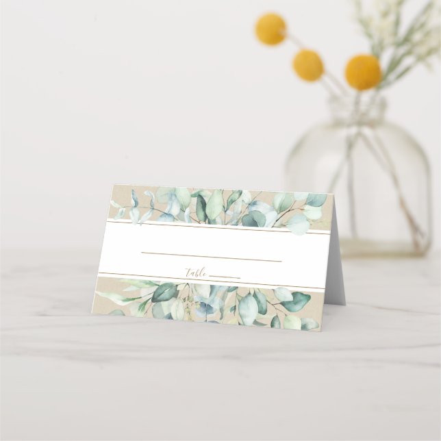 Rustic Gold Green Watercolor Wedding Place Card (Front)