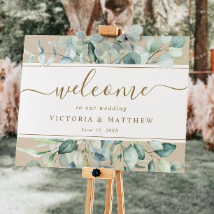 Rustic Gold Green Watercolor Wedding Welcome Sign