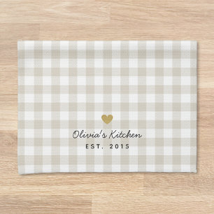 Rustic Gold Heart and Beige Buffalo Check Tea Towel