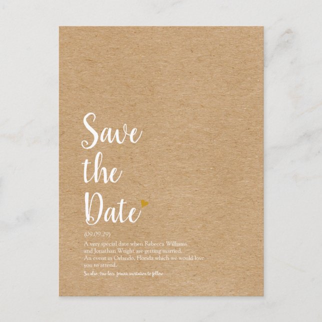 Rustic Gold Heart Script Save the Date Definition Announcement Postcard (Front)