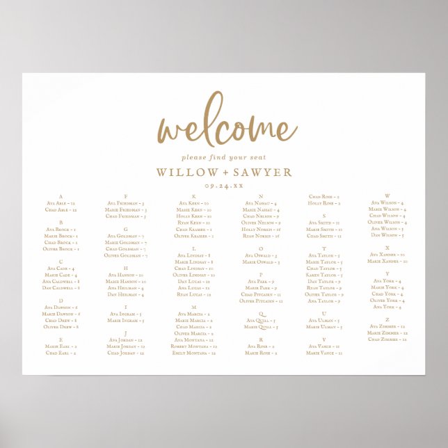 Rustic Gold Horizontal Alphabetical Seating Plan Poster (Front)