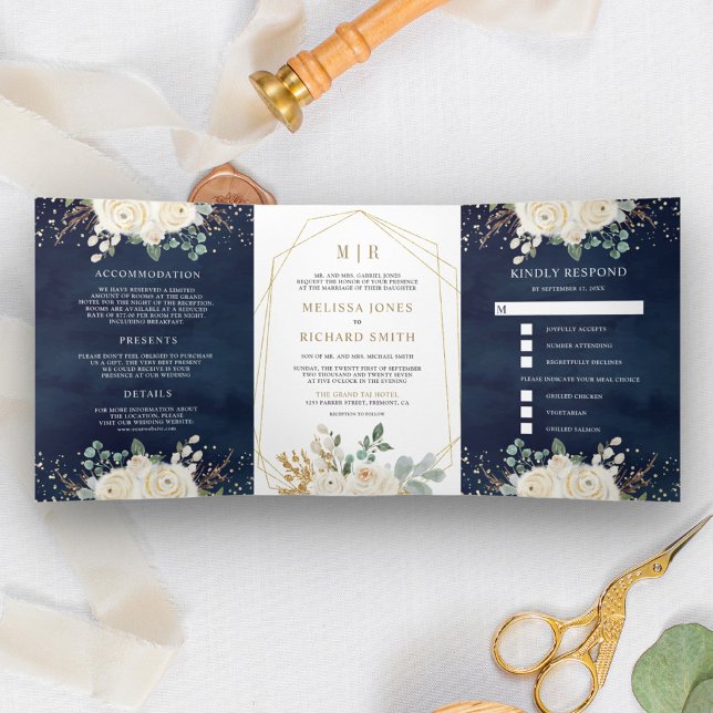 Rustic Gold Ivory Floral All in One Navy Wedding Tri-Fold Invitation (Creator Uploaded)
