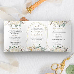 Rustic Gold Ivory Floral All in One Wedding Tri-Fold Invitation