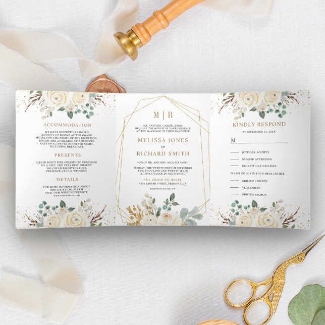 Rustic Gold Ivory Floral All in One Wedding Tri-Fold Invitation (Creator Uploaded)