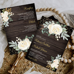 Rustic Gold Ivory Floral All in One Wood Wedding Invitation