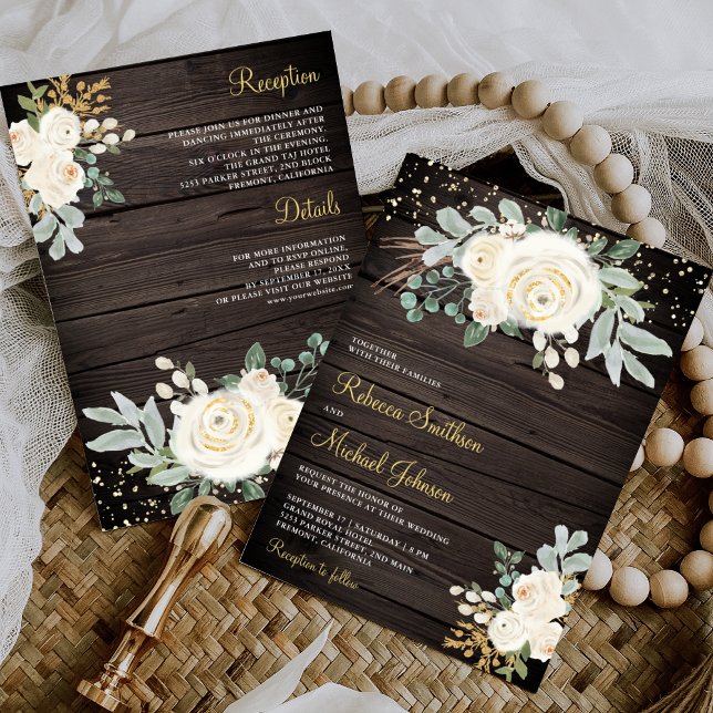 Rustic Gold Ivory Floral All in One Wood Wedding Invitation (Creator Uploaded)