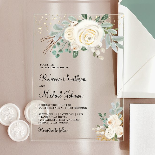 Rustic Gold Ivory Floral Wedding Acrylic Invitations (Creator Uploaded)