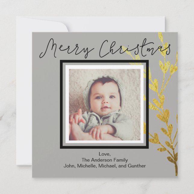 Rustic Gold Leaf Photo Merry Christmas Holiday Card (Front)