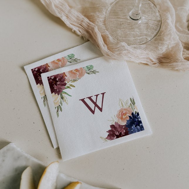 Rustic Gold Leaves and Floral Monogram Wedding Napkin (Creator Uploaded)