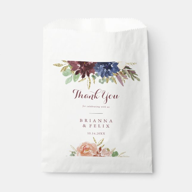 Rustic Gold Leaves and Floral Thank You Wedding Favour Bags (Front)