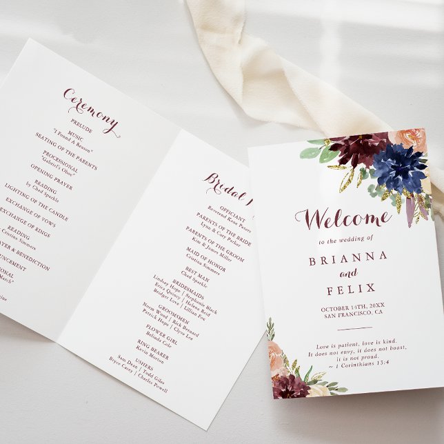 Rustic Gold Leaves Calligraphy Folded Wedding Programme (Creator Uploaded)