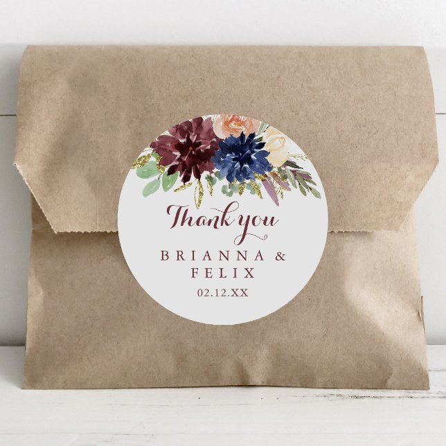 Rustic Gold Leaves Floral Thank You Wedding Favour Classic Round Sticker (Creator Uploaded)