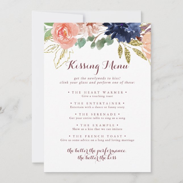 Rustic Gold Leaves Wedding Kissing Menu Game Card (Front)