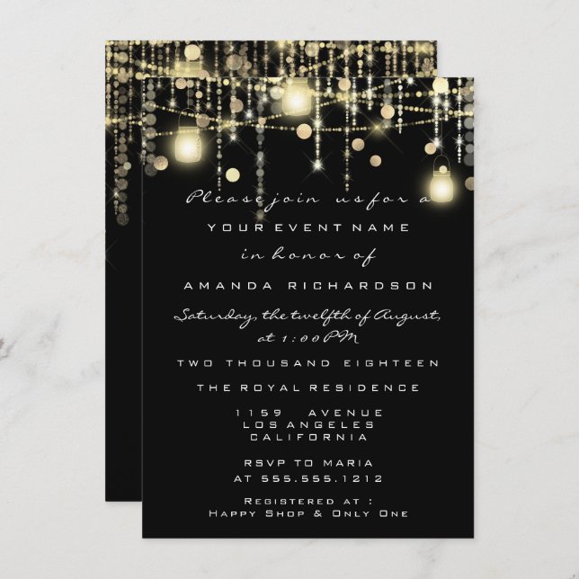 Rustic Gold Lights Jar Black Roses Wedding Invitation (Front/Back)