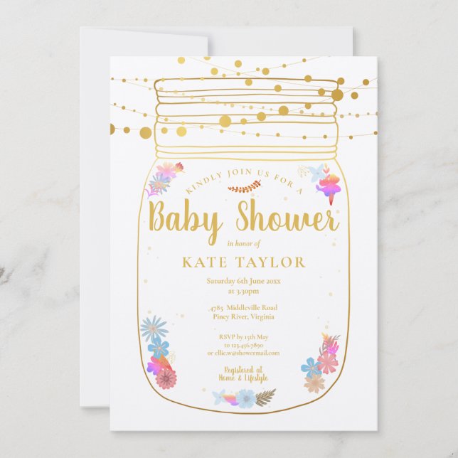 Rustic Gold Mason Jar String Lights Baby Shower Invitation (Front)
