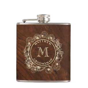 Rustic Gold Monogram Groomsman Hip Flask