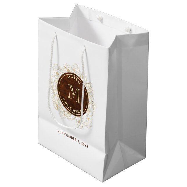 Rustic Gold Monogram Groomsmen Medium Gift Bag (Front Angled)