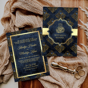 Rustic Gold Navy Blue Damask Muslim Wedding Invitation