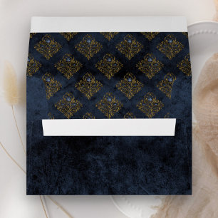 Rustic Gold Navy Blue Damask Wedding Envelope