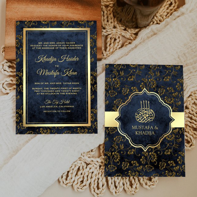 Rustic Gold Navy Blue Filigree Muslim Wedding Invitation (Creator Uploaded)