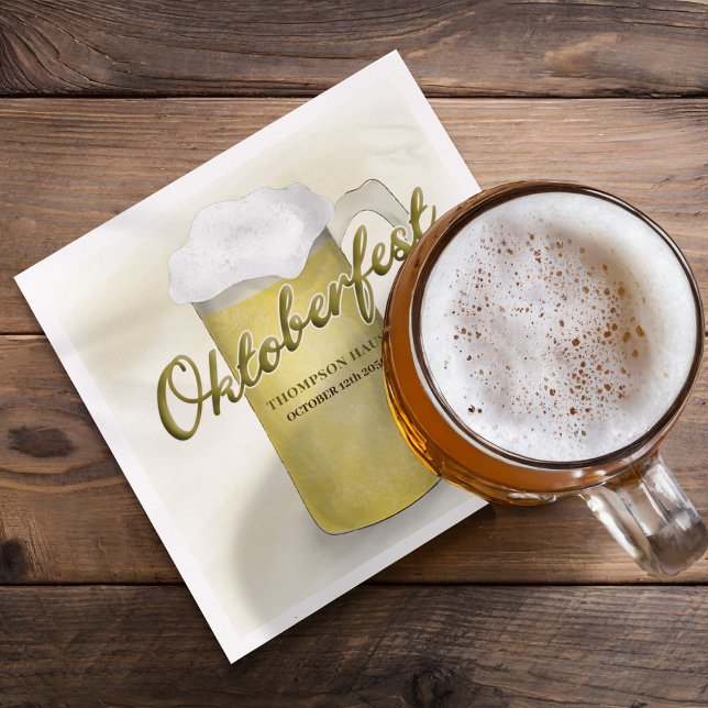 Rustic Gold Oktoberfest Watercolor Simple Beer  Napkin (Custom napkin with beer glass and Oktoberfest typography.)