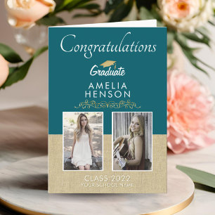 Rustic Gold Ornament Graduate 2 Photo Graduation Card