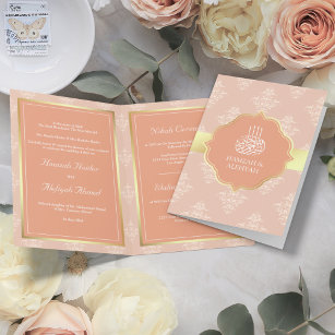 Rustic Gold Pastel Peach Damask Muslim Wedding Invitation
