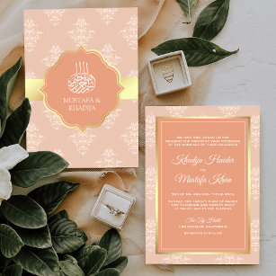 Rustic Gold Pastel Peach Damask Muslim Wedding Invitation