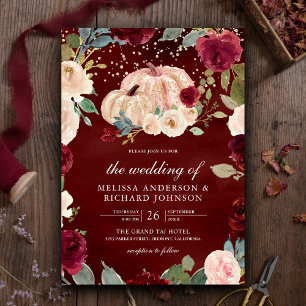 Rustic Gold Peach Floral Pumpkin Burgundy Wedding Invitation