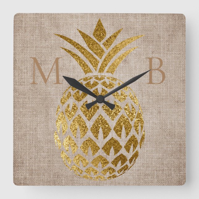 Rustic Gold Pineapple Burlap 2 Initial Monogram Square Wall Clock (Front)