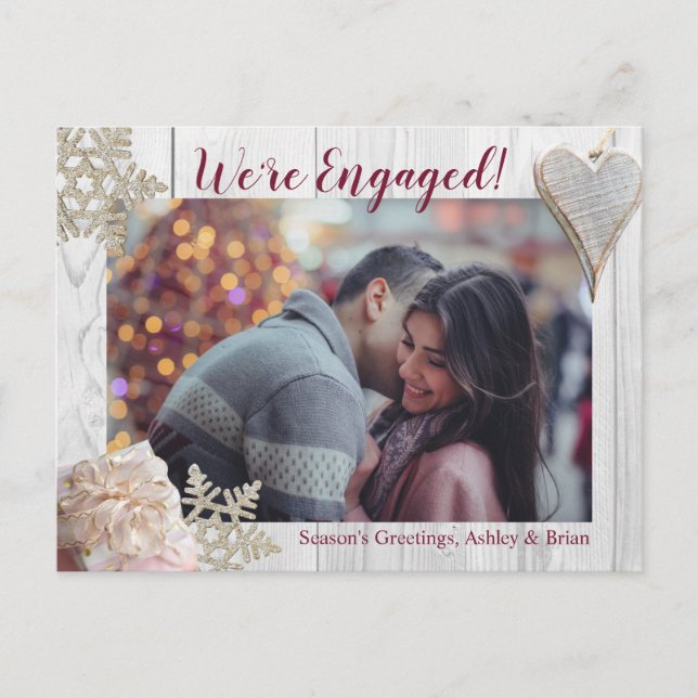Rustic Gold Pink Christmas Holiday Engagement Announcement Postcard (Front)