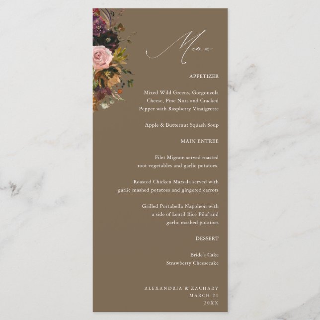 Rustic Gold, Purple, & Pink Floral 4 Taupe Tall Menu (Front)