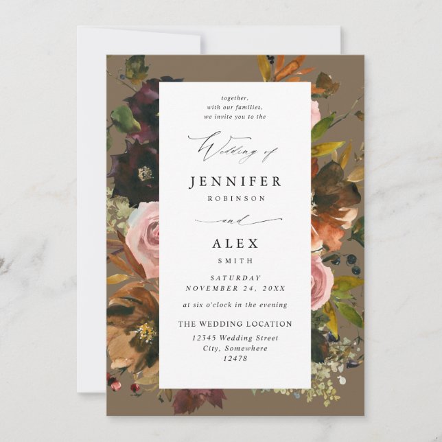 Rustic Gold, Purple, & Pink Floral 4-Taupe Wedding Invitation (Front)