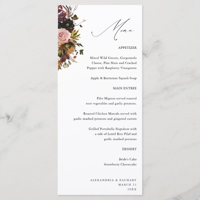 Rustic Gold, Purple, & Pink Floral 4 White Tall Menu (Front)