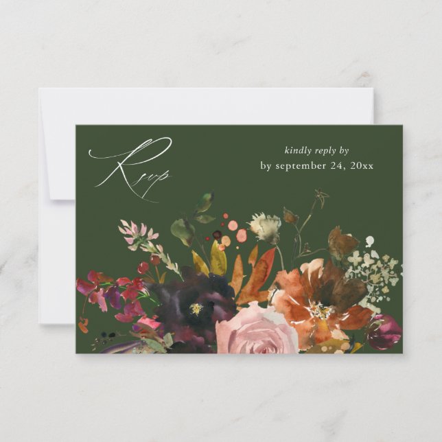 Rustic Gold, Purple & Pink Floral with Meal V2- GR RSVP Card (Front)