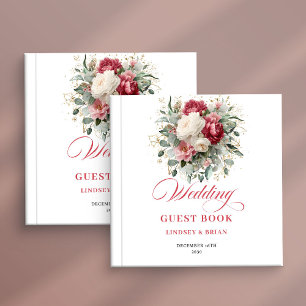 Rustic Gold Red Blush Floral Wedding Guest Book