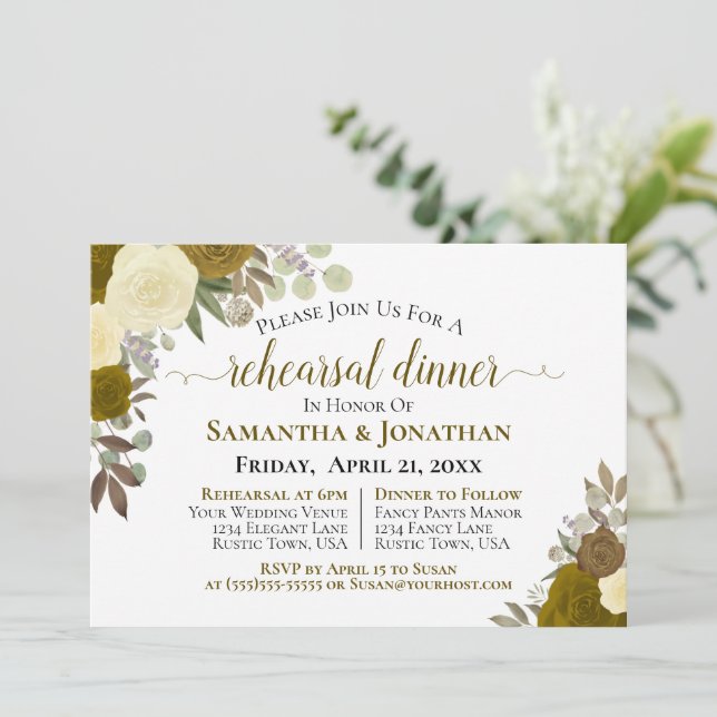 Rustic Gold Roses Floral Wedding Rehearsal Dinner Invitation (Standing Front)