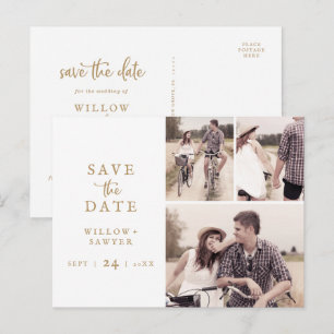 Rustic Gold Script 3 Photo Collage Save the Date Invitation Postcard