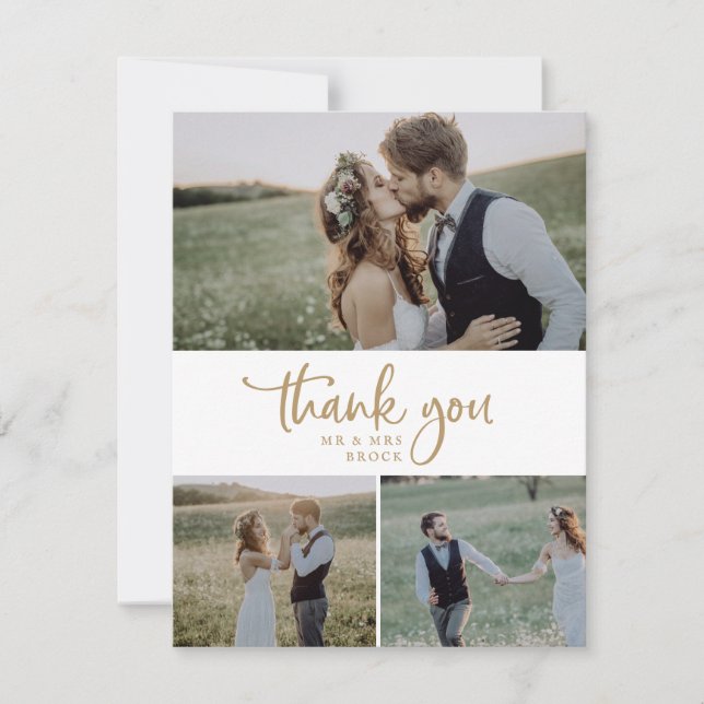Rustic Gold Script 3 Photo Collage Wedding Thank You Card (Front)
